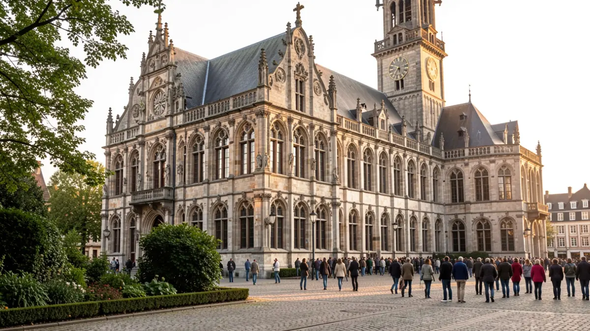 Gevel van een oud Vlaams gemeentehuis met een opvallende toren, in warm middaglicht.