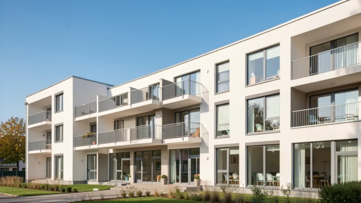 Generic image of a wing of a modern residential care center with balconies and large windows, under a clear blue sky. The architecture is clean and functional, suggesting a recent renovation. Soft daylight.