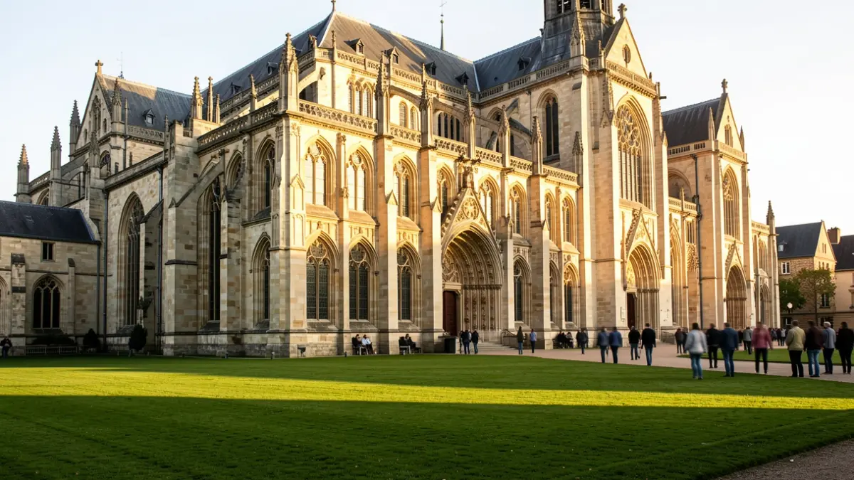 Generieke afbeelding van de gevel van een historische abdij met sierlijke stenen architectuur, badend in warm middaglicht, met lange schaduwen op het gras. Enkele wazige figuren in de verte.
