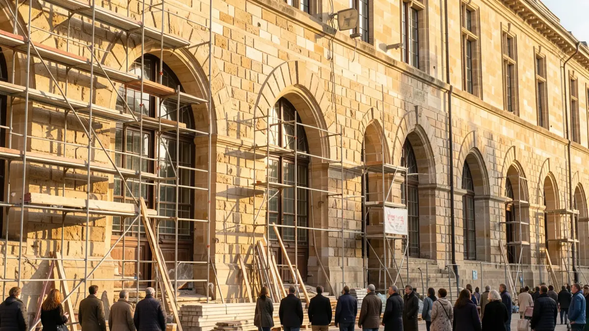 Generic image of the restored facade of a historic building with thick stone walls and arches, under the afternoon sun.