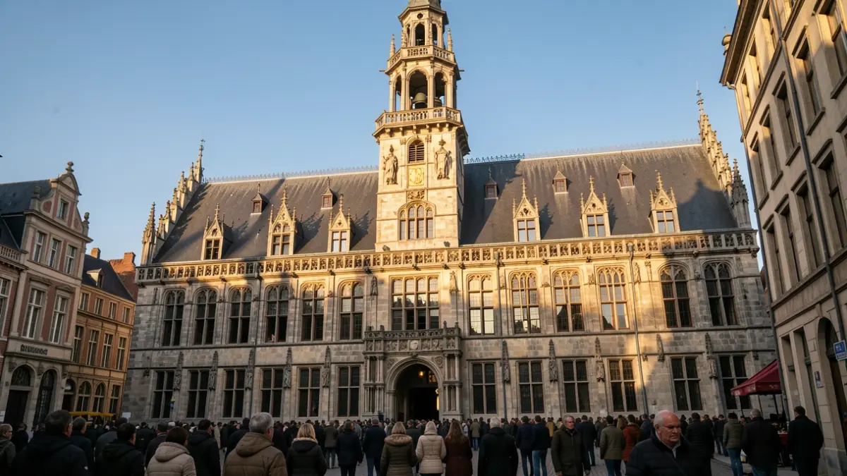 Generieke afbeelding van de gevel van een historisch Vlaams stadhuis met een sierlijke toren en gedetailleerd steenwerk, warm middaglicht dat lange schaduwen werpt op de zandstenen muren, helderblauwe lucht.