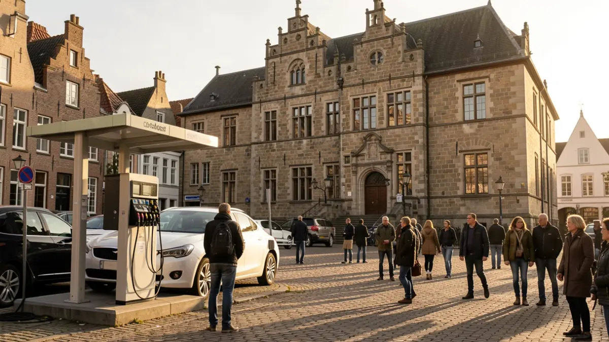 Generic image of an electric vehicle charging station in a Flemish town square, with a town hall facade in the background. Warm sunlight.