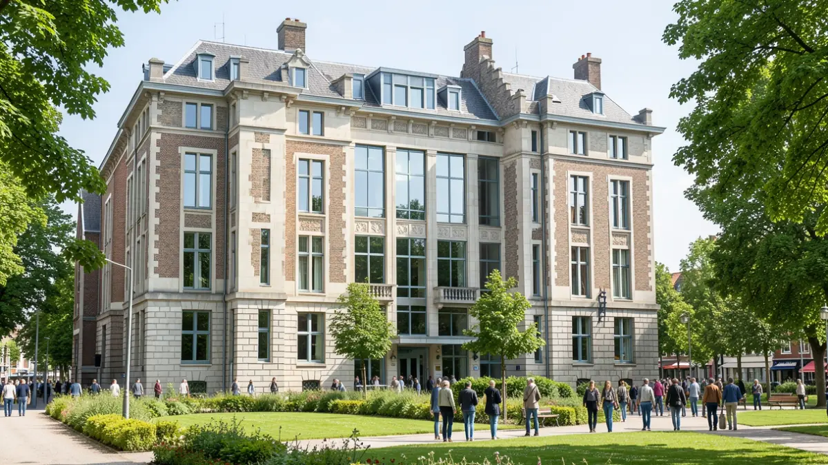 Generic image of a modern municipal building with green spaces and Flemish architectural elements.