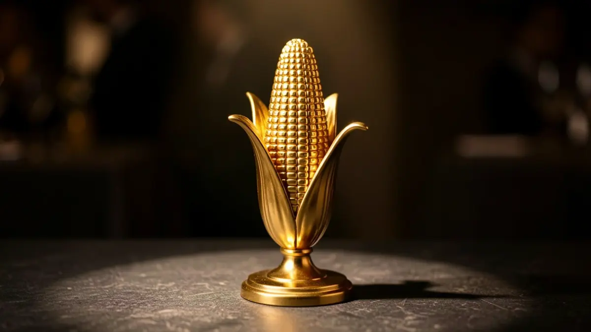 Generieke afbeelding van een gouden award in de vorm van een kolf, op een donkere ondergrond met zachte belichting.