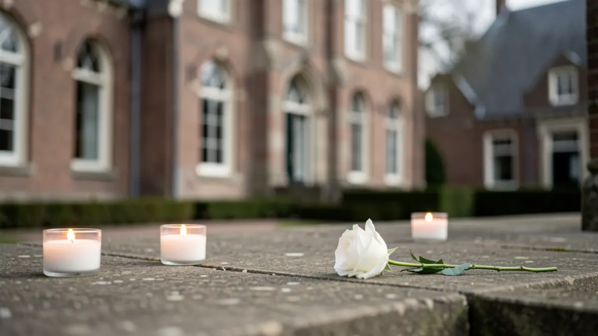 A serene and quiet memorial site with a few candles and a white rose on stone, with Flemish architecture in the background.
