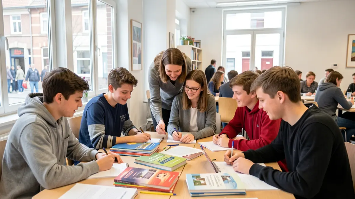 Volunteer helping teenagers with homework in a local community center.