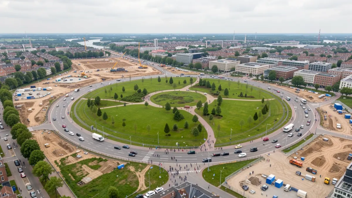 Generic image of an urban ring road in Flanders with construction and green areas.