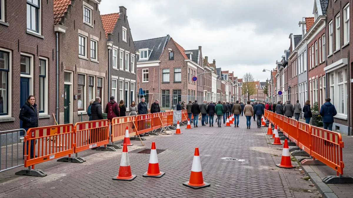 Generieke afbeelding van een bouwplaats met oranje barrières en kegels die een straat in een Vlaamse stad blokkeren, met traditionele bakstenen gebouwen op de achtergrond onder een bewolkte hemel.