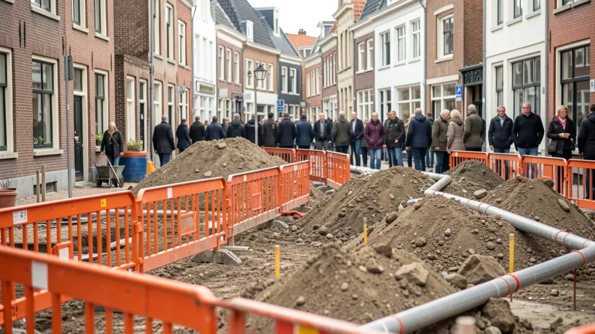 Generieke afbeelding van een bouwplaats met oranje hekken en aardhopen, met zichtbare leidingen, in een Vlaamse stadsomgeving. Zacht daglicht, documentaire stijl.