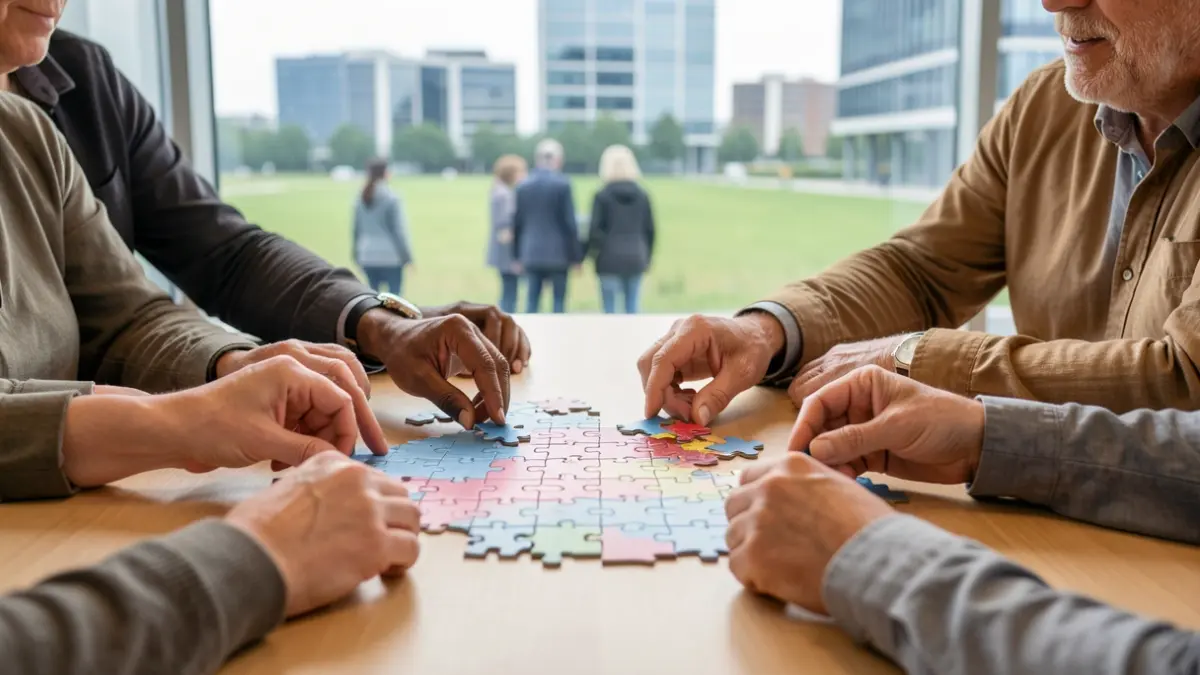 Generieke afbeelding van handen die samenkomen om een puzzel van Vlaanderen te leggen, met op de achtergrond een wazige weergave van kantoorgebouwen en velden.