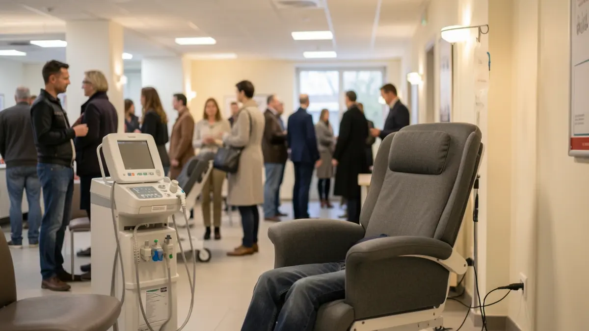 Generieke afbeelding van een bloeddonatiecentrum met een comfortabele stoel en medische apparatuur, zachte sfeerverlichting, geringe scherptediepte. Focus op de sfeer van zorg en veiligheid, niet op mensen.