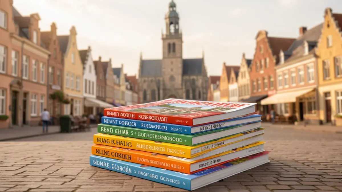 Generic image of a stack of colorful city magazines with different neighborhood names, against a backdrop of a Flemish town square with a belfry.