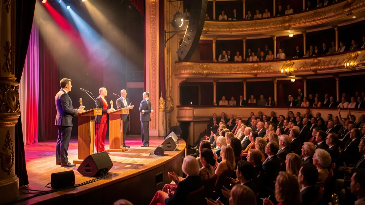 Generic image of a cultural gala in a Flemish theatre, with spotlights on the stage where awards are being presented. Blurred audience in the background, warm lighting, celebratory atmosphere.
