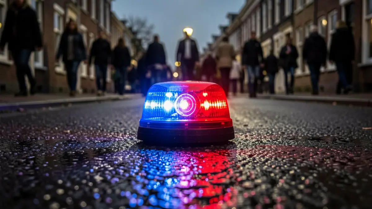 Generic image of a flashing red-blue emergency light on wet asphalt at night, with a blurred background of a Flemish street.