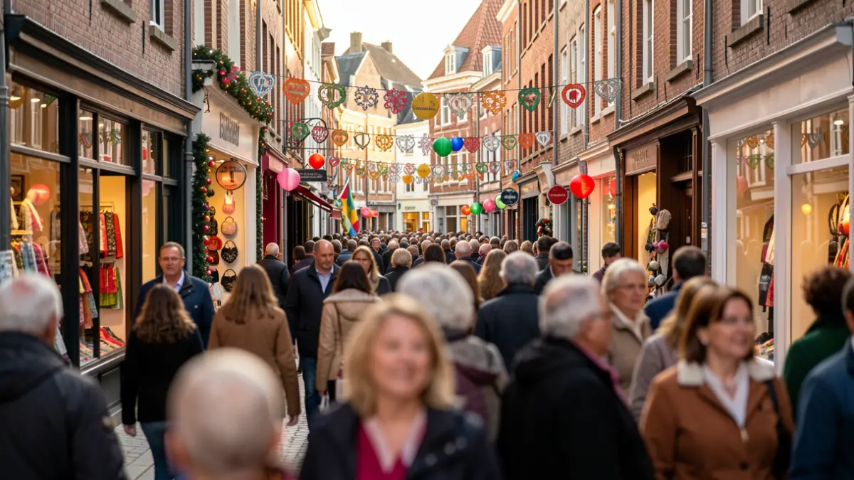 Vibrant street scene in a Flemish town during a shopping event, with blurred crowds, decorations, and shop windows.