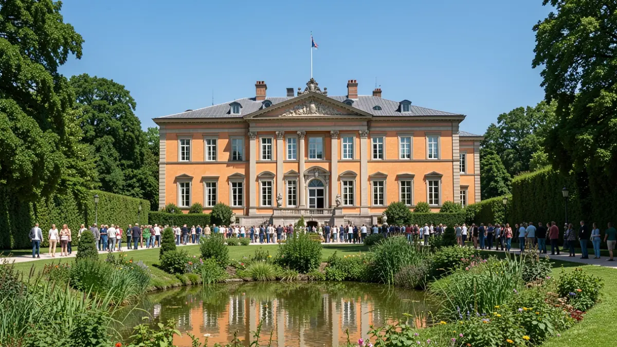 Generieke afbeelding van de gevel van een historische villa met oranje bakstenen, omringd door een groen park met vijver, onder een blauwe hemel.
