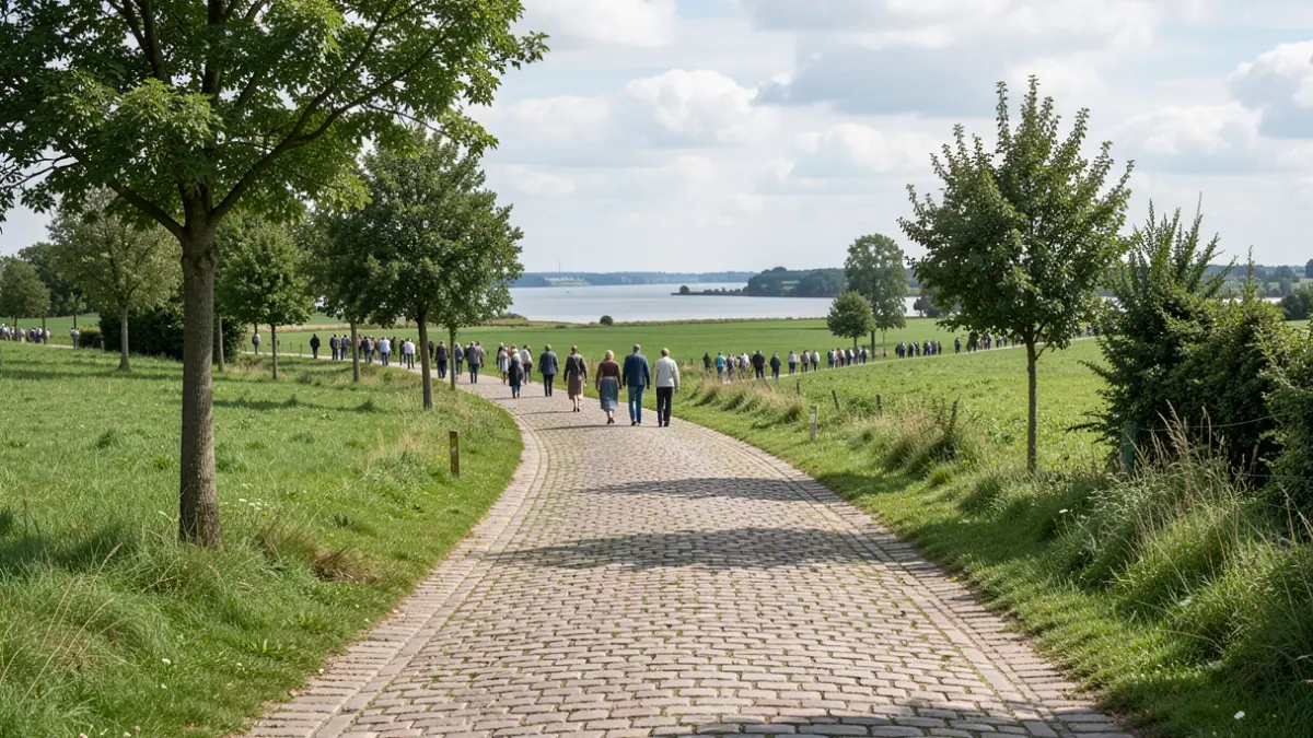Generic image of a historic stone-paved path winding through a green Flemish landscape with scattered trees and a body of water in the distance, under a partly cloudy sky. Soft, natural daylight.