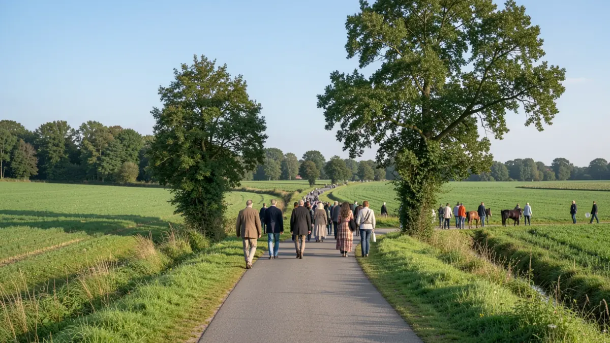 Generic image of a paved walking path through a green Flemish landscape with trees and fields, under a clear blue sky.