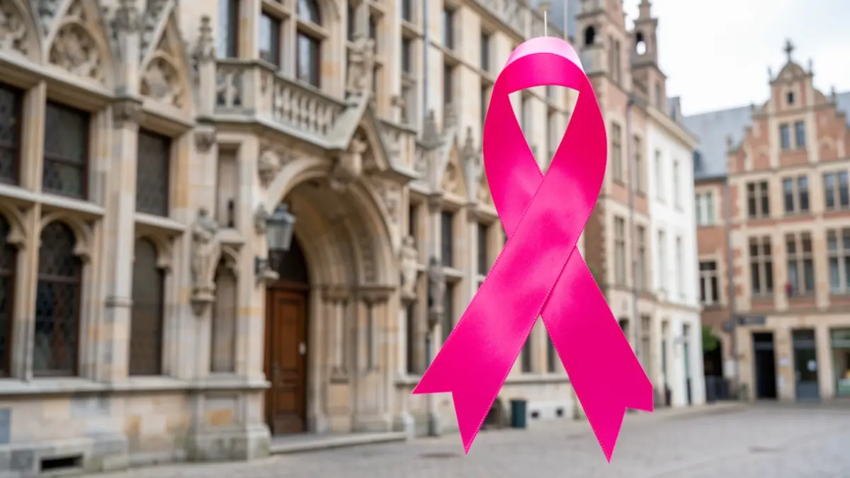 Generic image of a large pink ribbon tied to the facade of a Flemish town hall, symbolizing support.