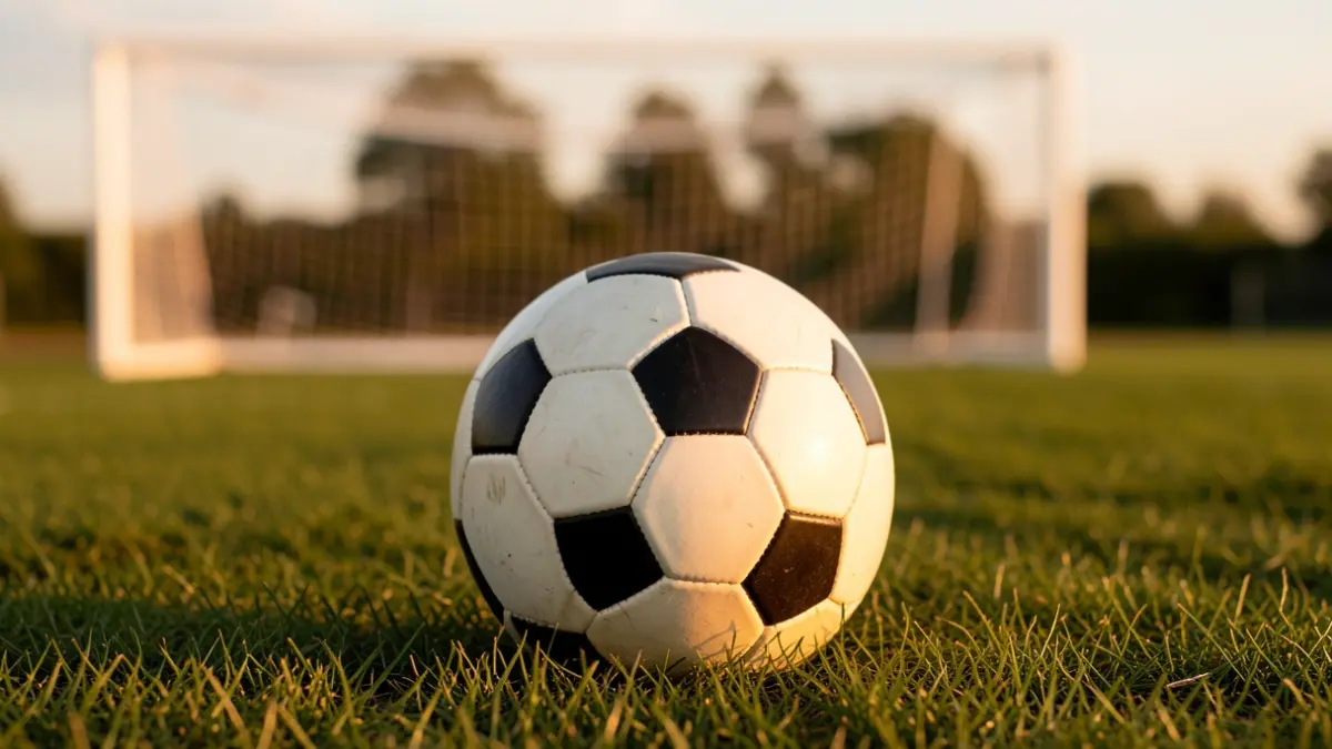 Generic image of a soccer ball on freshly cut grass, with a blurred goal net in the background and golden hour light.