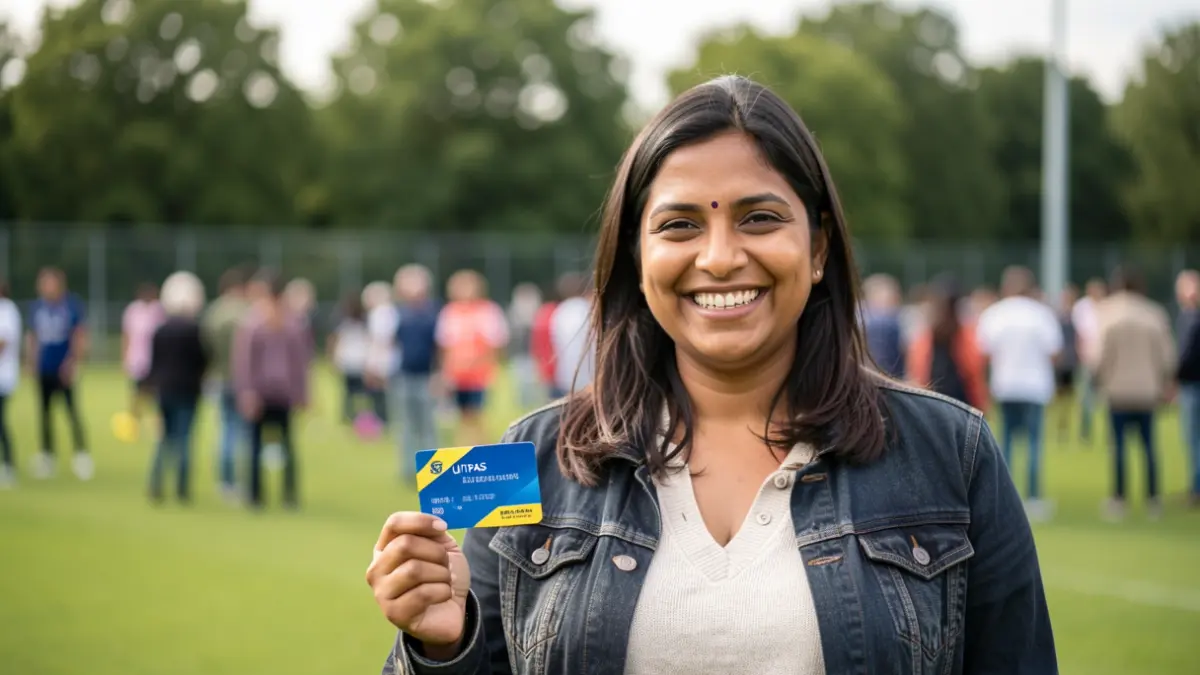 Een vrouw van Zuid-Aziatische afkomst, Ruksana Shafaq, glimlacht warm terwijl ze een kleine blauw-gele UiTPAS-kaart vasthoudt. Ze staat voor een wazige achtergrond van een sportpark met groene velden en bomen. Het licht is zacht en natuurlijk, wat wijst op een aangename namiddag. Documentaire fotografie stijl.