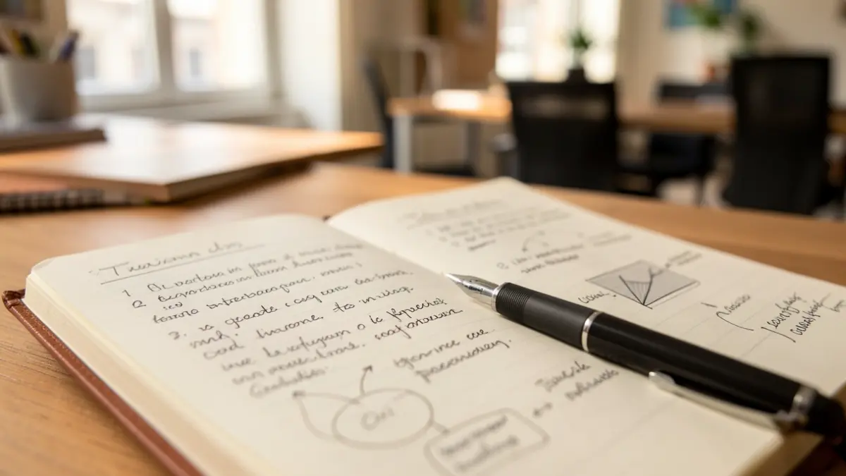 Detailed image of a notebook with handwritten ideas and a pen, in warm, natural lighting.