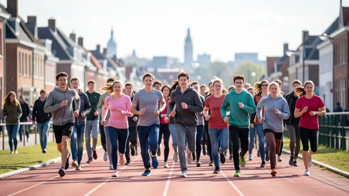 Generieke afbeelding van een groep jongeren die rennen op een atletiekbaan in een Vlaamse stad, met een vervaagde stadsrand op de achtergrond onder een heldere hemel. De focus ligt op energie en beweging, niet op specifieke gezichten.