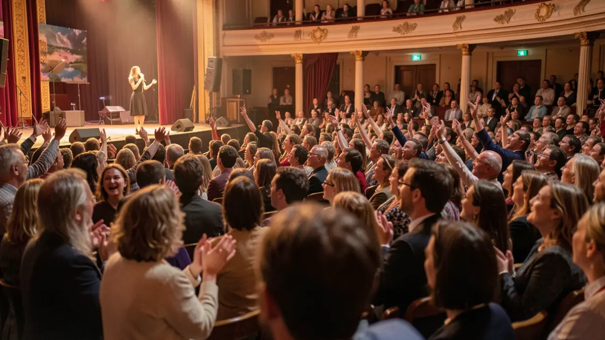 Een sfeervolle opname van een concertzaal in Vlaanderen tijdens een optreden, met publiek dat meezingt. De focus ligt op de inclusieve sfeer.