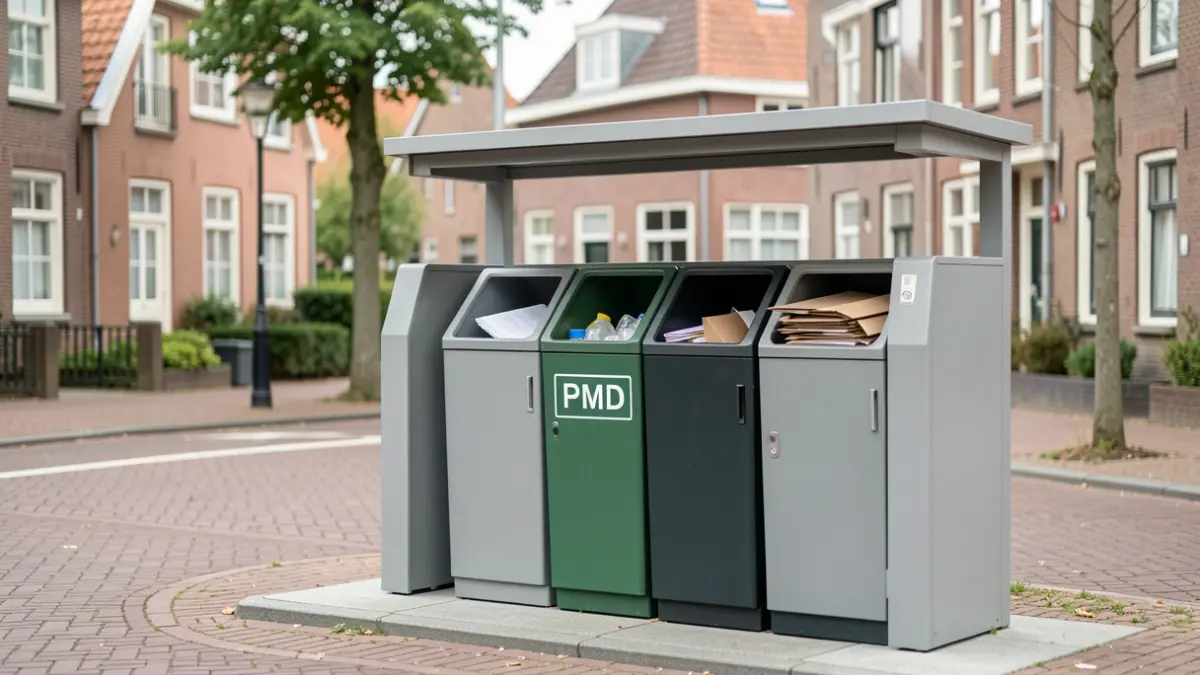 A tidy waste collection point in a Flemish neighborhood, with separate bins for PMD and paper/cardboard.