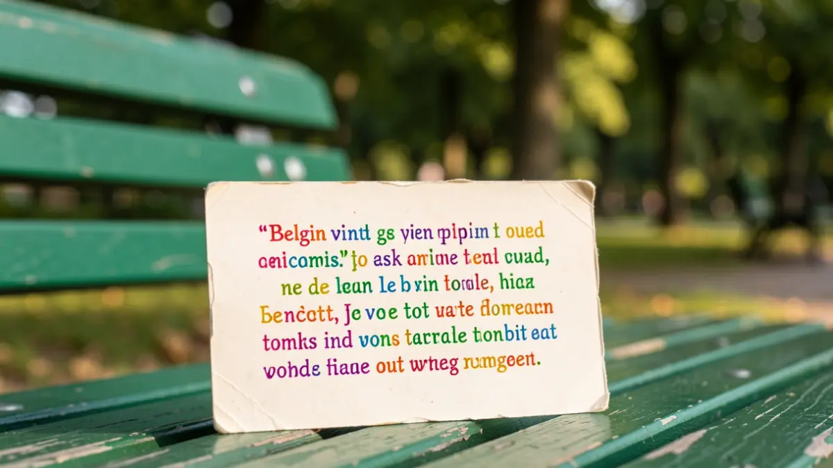 Generieke afbeelding van een kleurrijke spreukkaart met een Belgisch-Nederlandse spreuk over verbinding, rustend op een wazige achtergrond van parkbanken en bomen in zacht middaglicht.