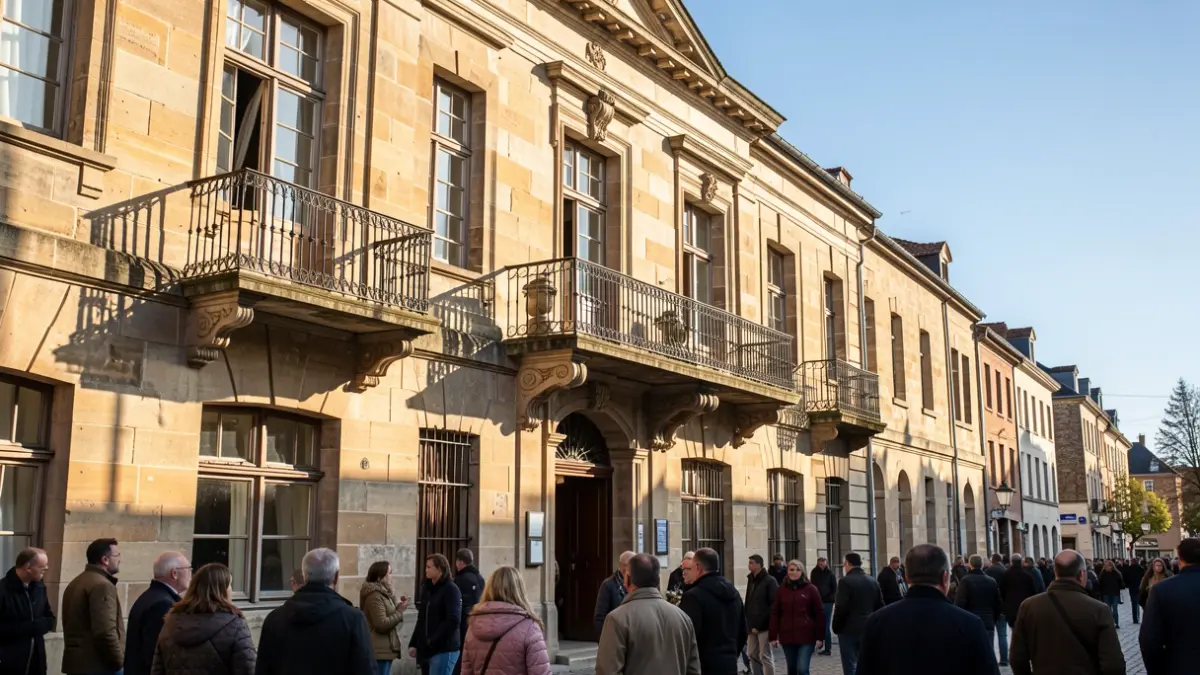 Stenen gevel van een Vlaams stadhuis met een sierlijke balkon en ijzeren balustrade, in warm middaglicht.