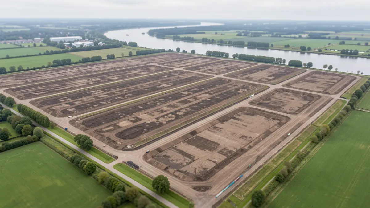 Generieke afbeelding van een gesaneerd stortgebied in Vlaanderen met groen en water in de omgeving.