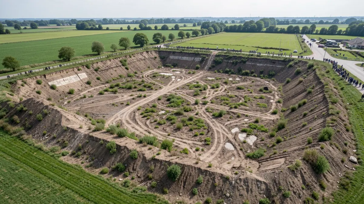 Generieke afbeelding van een grote, deels gesaneerde kleiput in Vlaanderen met omringend groen landschap.