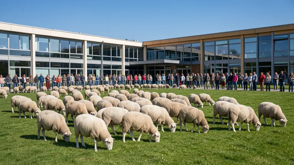 A flock of sheep grazing on a green lawn in front of a modern school with large windows, under a clear blue sky.
