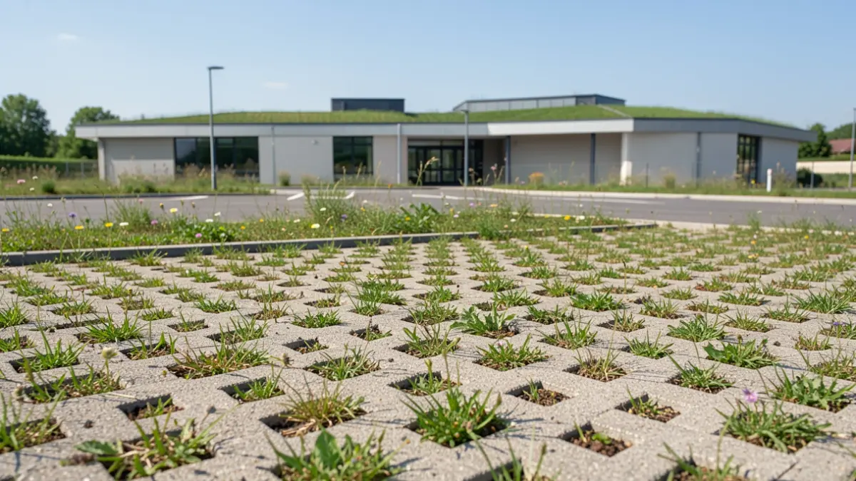 Natuurinclusieve parking in Schilde met waterdoorlatende klinkers, wilde bloemen en een groen gemeentegebouw op de achtergrond.