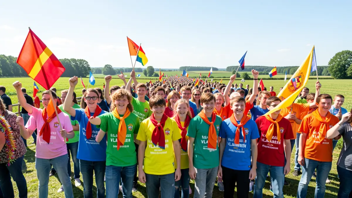 Generieke afbeelding van een groep jongeren in kleurrijke jeugdbewegingskledij die buiten vieren, met vlaggen en een feestelijke sfeer.