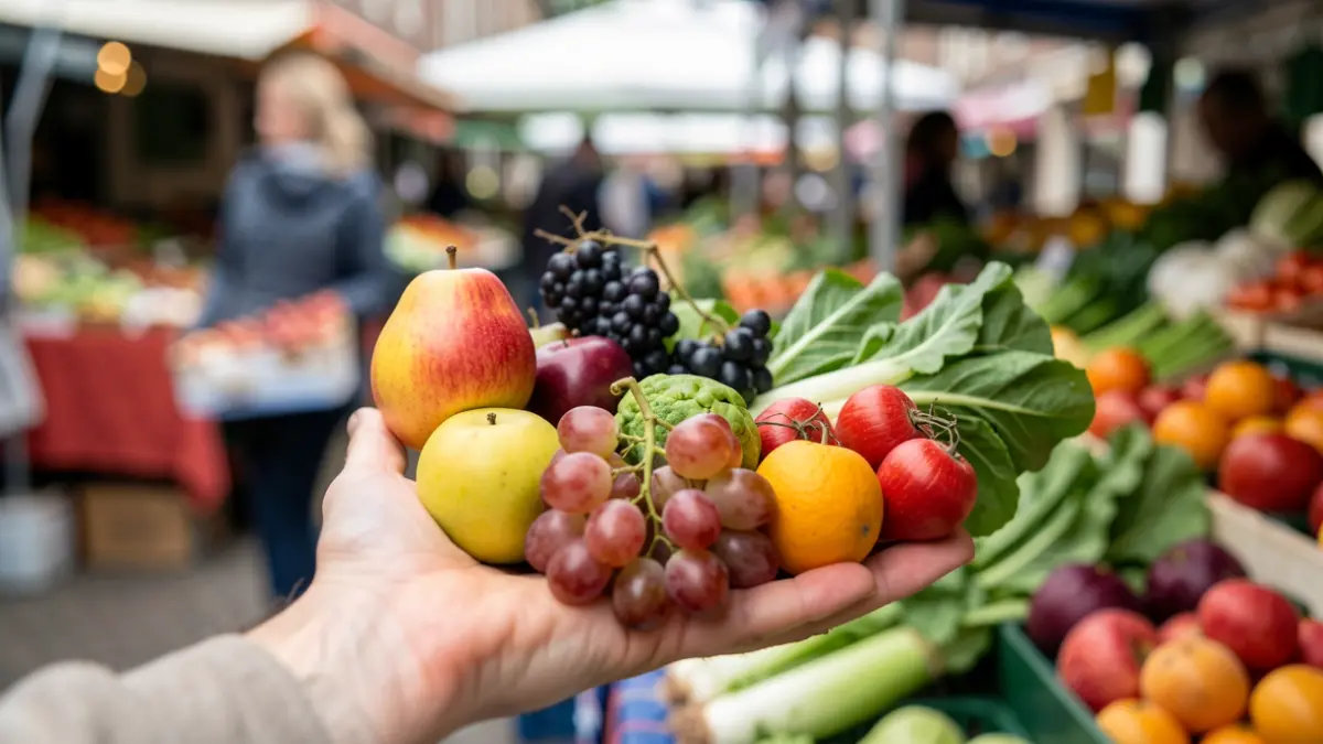 Hand met verse, lokale groenten en fruit op een Vlaamse markt.