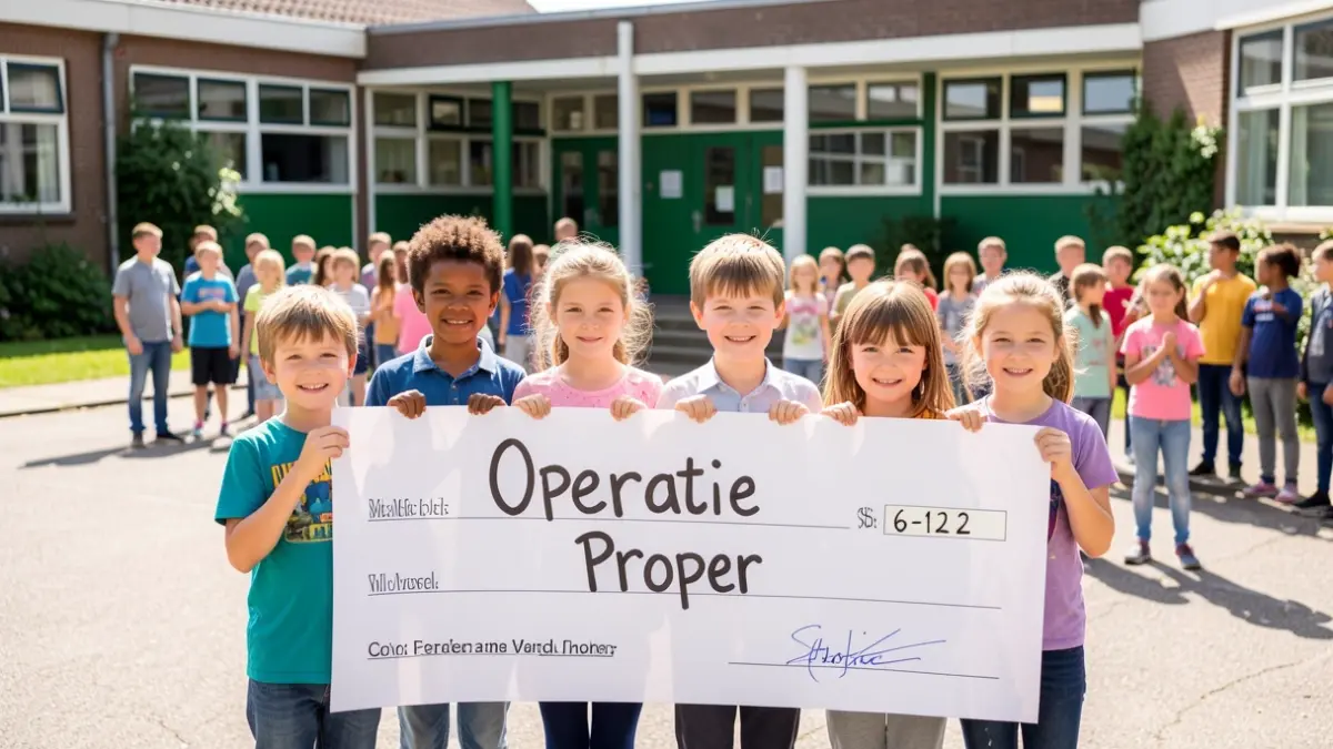 Kinderen met een cheque en poster van 'Operatie Proper' in een schooltuin.