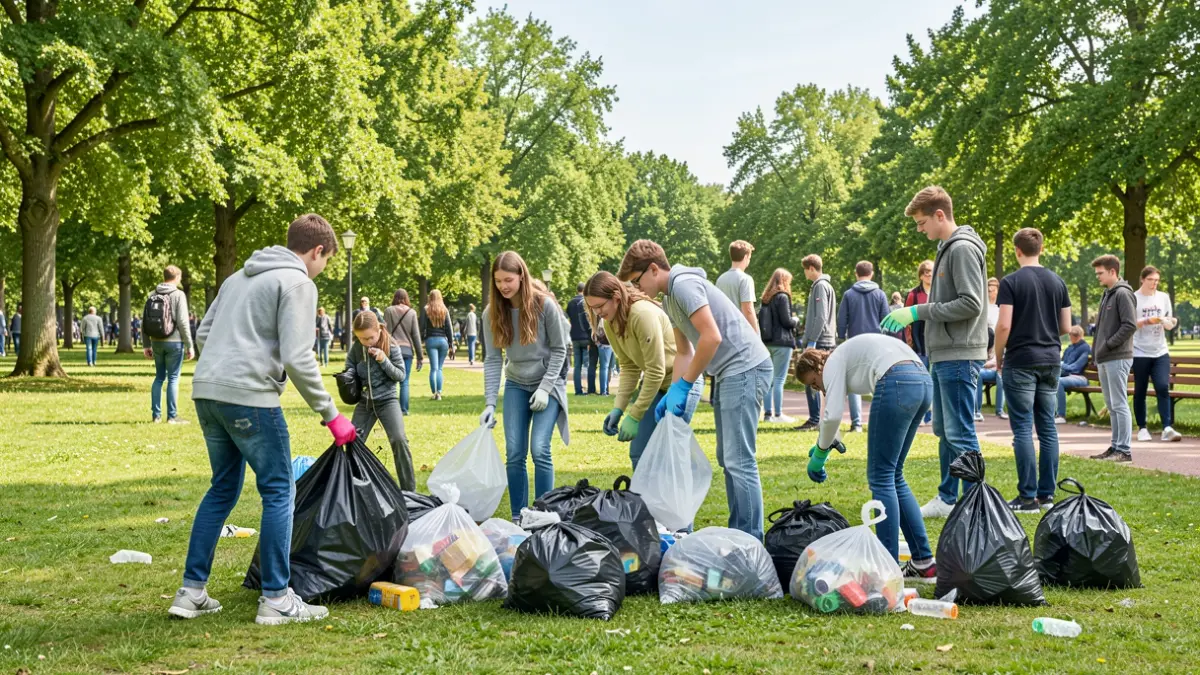 Generieke afbeelding van jongeren die zwerfvuil opruimen in een park in Vlaanderen.