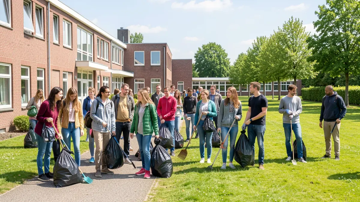 Generic image of students and teachers cleaning up litter around a school building in Flanders.