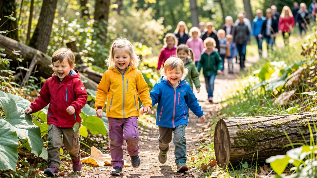 Kinderen verkennen een blotevoetenpad in de natuur.