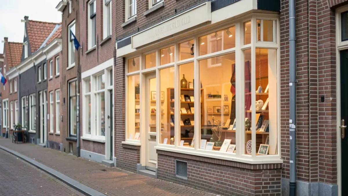 Generieke afbeelding van een charmante lokale winkelpui in Vlaanderen met een warme gloed uit de etalage. De straat is rustig met traditionele Vlaamse architectuur op de achtergrond.