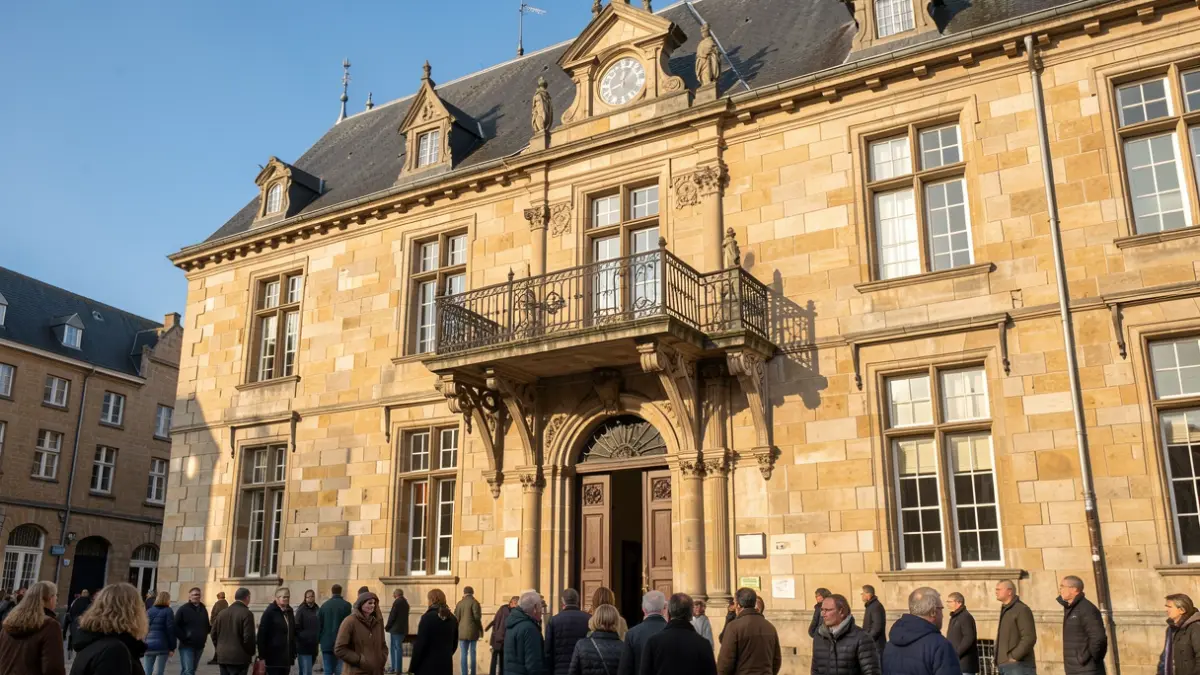 Generieke afbeelding van de gevel van een Vlaams stadhuis met een balkon en balustrade, in de namiddagzon.