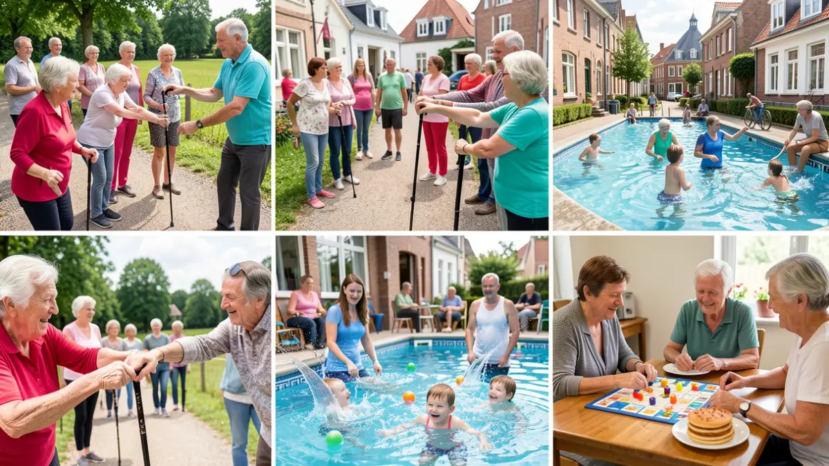 Collage of diverse senior activities including aerobics, walking, aquagym, and games with pancakes, emphasizing community and activity.