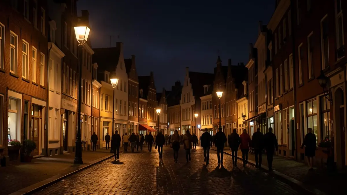 Straatverlichting in een Vlaamse gemeente 's nachts, met een geleidelijk dimmend effect. Focus op de warme gloed van de lichten tegen de donkere hemel en natte kasseien, met typische Belgische architectuur op de achtergrond. Geen mensen of voertuigen zichtbaar.
