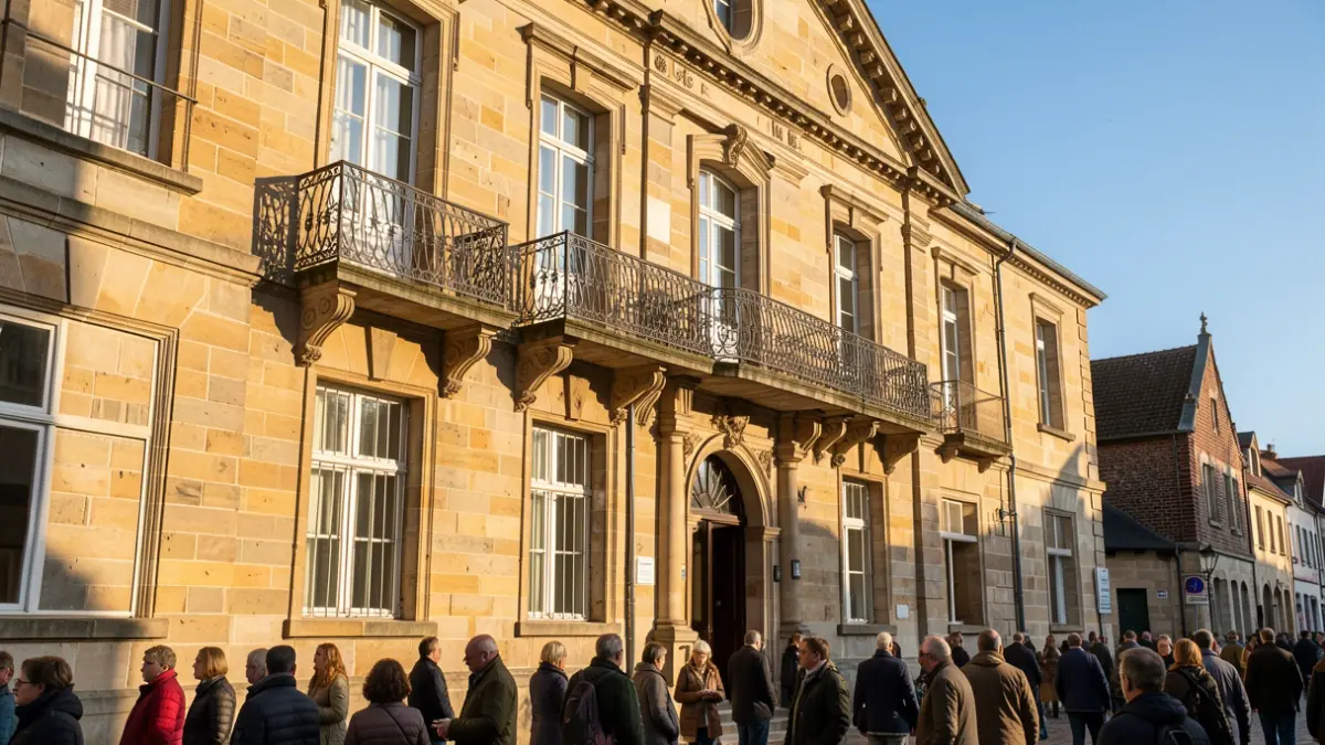 Generieke afbeelding van een Vlaamse stadhuisgevel met een balkon en balustrade, in warm middaglicht.