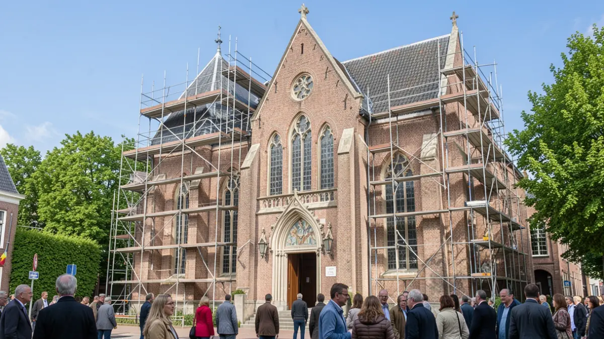 The Sint-Martinuskerk in Meeuwen during renovation works with scaffolding.