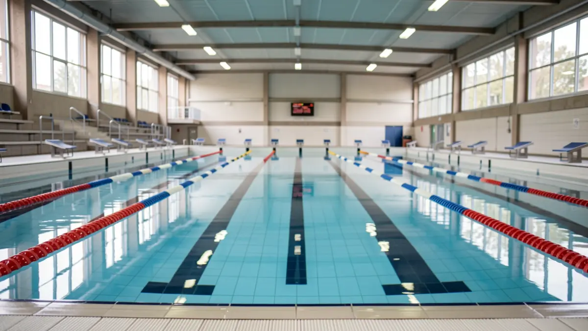 Generic image of empty swimming pool lanes with starting blocks, clean water reflecting the ceiling lights, a sense of anticipation for a competition. Vlaanderen architectural style.