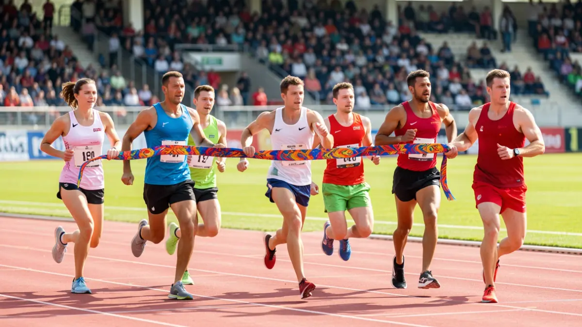 Generic image of a group of six runners passing a sash (Tasuki) on a running track in a sports stadium.