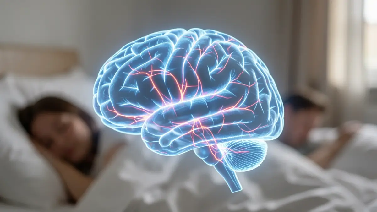 Generic image of a brain scan with glowing neural pathways, representing cognitive function, against a blurred background of sleeping figures in bed. Soft, diffused lighting.